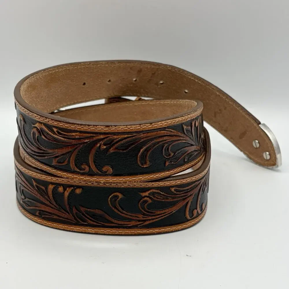 Tony Lama Men’s Black Brown Western Leather Belt C41514 Size 38 Buckle Belt Tip